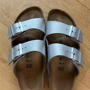 Birkenstock Metallic Silver Double Strap Sandals - Arizona Style